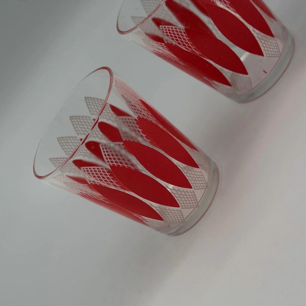 Vintage Mid Century Modern Red White Atomic Petal Juice Glasses Set of 2 MCM